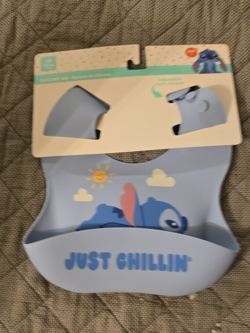 Disney Stitch Silicone Bib in Light Blue with 'Just Chillin'' Print